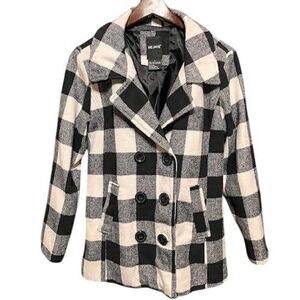 ME JANE Womens‎ Plaid Pea Coat Jacket S Black White Checkered Double Breasted
